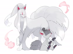 Size: 2732x2048 | Tagged: safe, artist:kame, fictional species, mammal, ninetales, vulpix, feral, nintendo, pokémon, 2021, black nose, daughter, digital art, duo, duo female, ears, eyes closed, female, females only, fur, hair, high res, mother, mother and daughter, multiple tails, paws, simple background, sitting, tail