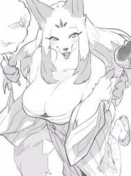 Size: 1535x2048 | Tagged: safe, artist:kame, oc, oc only, anthro, 2021, big breasts, black nose, breasts, candy apple (food), cotton candy, digital art, ears, eyelashes, female, fur, kimono (clothing), monochrome, open mouth, solo, solo female, tail