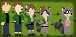 Size: 2885x1408 | Tagged: safe, artist:justinanddennis, melissa raccoon (the raccoons), human, mammal, procyonid, raccoon, anthro, humanoid, the raccoons (series), transformation, transformation sequence, transgender