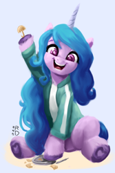 Size: 2000x3000 | Tagged: safe, artist:raphaeldavid, izzy moonbow (mlp), equine, fictional species, mammal, pony, unicorn, feral, hasbro, my little pony, my little pony g5, my little pony: a new generation, netflix, squid game, spoiler, spoiler:my little pony g5, 2021, clothes, cute, dalgona, female, food, high res, izzybetes, mare, open mouth, shirt, simple background, solo, solo female, topwear, white background