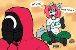 Size: 1500x1000 | Tagged: safe, artist:lemondude16, oc, oc only, canine, mammal, wolf, anthro, digitigrade anthro, squid game, 2021, black nose, bottomwear, breasts, candy, clothes, dalgona, dialogue, digital art, ears, eating, eyelashes, facepalm, female, food, fur, hair, imminent death, open mouth, pants, pink soldier (squid game), shirt, sitting, speech bubble, tail, talking, text, this will end in death, this will not end well, topwear, tracksuit