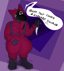 Size: 1142x1280 | Tagged: safe, artist:karnagewuff, fictional species, mammal, protogen, anthro, squid game, 2021, boots, clothes, dialogue, digital art, knife, male, mask, pink soldier (squid game), shoes, solo, solo male, speech bubble, suit, talking, text