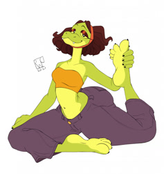 Size: 1214x1280 | Tagged: safe, artist:retrowatercup, oc, oc:dawn (silverscarf), reptile, snake, anthro, barefoot, bedroom eyes, belly button, big butt, bottomwear, breasts, butt, clothes, feet, female, flexible, hippie, looking at you, pants, relaxing, smiling, smiling at you, soles, solo, solo female, teacher, toes, topwear, vine snake, wide hips, yoga