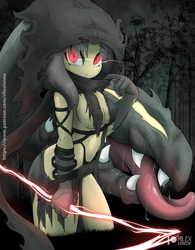 Size: 801x1025 | Tagged: suggestive, artist:rilexlenov, fictional species, mawile, anthro, cc by-nc-sa, creative commons, nintendo, pokémon, anthrofied, breasts, clothes, digital art, eyelashes, female, hair, looking at you, open mouth, sharp teeth, solo, solo female, teeth, thighs, tongue, tongue out, wide hips