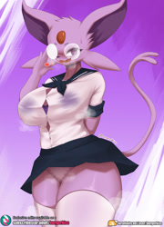 Size: 1500x2080 | Tagged: suggestive, artist:burgerkiss, eeveelution, espeon, fictional species, mammal, anthro, nintendo, pokémon, 2021, anthrofied, big breasts, breasts, clothes, ears, female, looking at you, smiling, smiling at you, solo, solo female, tail, thick thighs, thighs