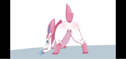Size: 1520x720 | Tagged: safe, artist:sum, eeveelution, fictional species, mammal, sylveon, nintendo, pokémon, youtube, 2021, ambiguous gender, blue eyes, butt, butt blush, face down ass up, featureless crotch, jack-o' crouch pose, meme, solo, solo ambiguous, youtube link