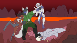 Size: 3840x2160 | Tagged: safe, artist:tokeitime, doom slayer (doom), canine, demon, fictional species, imp, mammal, wolf, anthro, humanoid, doom (game), choking, claws, clothes, clothing damage, cosplay, fangs, fighting, fur, group, headwear, hell knight, helmet, high res, horns, male, sharp teeth, simple background, stone imp, teeth