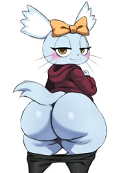 Size: 850x1206 | Tagged: suggestive, artist:ss2sonic, manaka (aggretsuko), chinchilla, mammal, rodent, anthro, aggretsuko, sanrio, spoiler, spoiler:aggretsuko s3, big butt, butt, clothes, female, looking at you, looking back, looking back at you, pants, pants pulled down