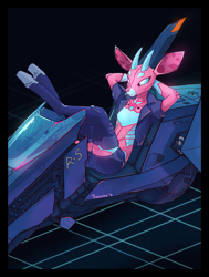 Size: 795x1050 | Tagged: safe, artist:thalomine, oc, oc only, oc:ultra (phlegraofmystery), antelope, bovid, klipspringer, mammal, robot, anthro, 2016, bottomwear, clothes, cyberpunk, digital art, ears, female, hooves, horns, jacket, motorcycle, pink body, shorts, sitting, solo, solo female, topwear, vehicle