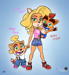 Size: 1280x1378 | Tagged: safe, artist:noriyuki83, coco bandicoot (crash bandicoot), crash bandicoot (crash bandicoot), tawna bandicoot (crash bandicoot), bandicoot, mammal, marsupial, anthro, crash bandicoot (series), baby, female, group, male, trio, young, younger