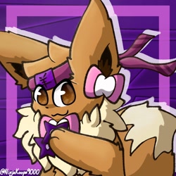Size: 1280x1280 | Tagged: safe, artist:ninjakoopa9000, oc, oc only, eeveelution, fictional species, feral, nintendo, pokémon, 2021, ambiguous gender, brown body, brown fur, clothes, cute, fur, headband, headwear, signature, smiling, solo, solo ambiguous, tail
