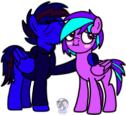Size: 2024x1845 | Tagged: safe, artist:emperor-anri, artist:mrstheartist, oc, oc only, oc:electric beats, oc:elektro pixel, equine, fictional species, mammal, pegasus, pony, feral, friendship is magic, hasbro, my little pony, 2021, base used, black outline, blushing, bright colors, clothes, couple, electricpixel (oc), female, hoodie, kiss on the cheek, kissing, male, mare, simple background, stallion, topwear, transparent background