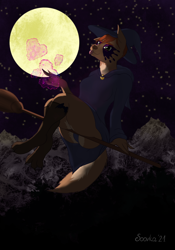 Size: 2096x3000 | Tagged: safe, artist:soovka, oc, oc:ligia, bat, mammal, broom, broom riding, clothes, female, halloween, hat, headwear, hearth, high res, holiday, legwear, ligia, looking at you, magic, magic user, moon, mountain, night, solo, solo female, stockings, tail, tongue, tongue out, translucent clothing, witch, witch costume, witch hat
