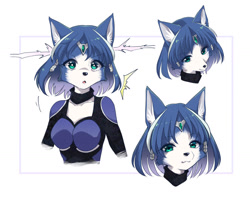 Size: 1280x1019 | Tagged: safe, artist:yukina-namagaki, krystal (star fox), canine, fox, mammal, anthro, nintendo, star fox, 2020, accessories, black nose, border, breasts, clothes, digital art, female, fur, green eyes, hair, jewelry, looking at you, open mouth, picture-in-picture, smiling, solo, solo female, suit, surprised, tongue, vixen