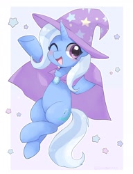 Size: 1500x1952 | Tagged: safe, artist:ginmaruxx, trixie (mlp), equine, fictional species, mammal, pony, unicorn, feral, hasbro, my little pony, bipedal, blushing, cape, clothes, cute, female, hat, headwear, looking at you, mare, one eye closed, smiling, solo, solo female, winking