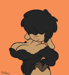 Size: 384x420 | Tagged: artist needed, safe, oc, oc:barbara blacksheep, bovid, mammal, sheep, anthro, absolute cleavage, animated, big breasts, bouncing breasts, breasts, cleavage, female, frame by frame, hair, hair over eyes, solo