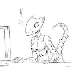 Size: 730x687 | Tagged: artist needed, safe, lizard, reptile, thorny devil, anthro, big breasts, breasts, computer, computer mouse, female, horridus (savage dragon), monitor, savage dragon (comic), solo, solo female, spikes