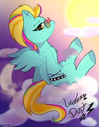 Size: 1429x1831 | Tagged: safe, artist:waanlix, lightning dust (mlp), equine, fictional species, mammal, pegasus, pony, feral, friendship is magic, hasbro, my little pony, 2021, eyelashes, feathered wings, feathers, female, glasses, mare, signature, solo, solo female, spiked bracelet, tail, wings