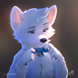 Size: 1000x1000 | Tagged: safe, artist:letodoesart, oc, oc:leto (letodoesart), arctic fox, canine, fox, mammal, anthro, 2021, black nose, bow, bow tie, clothes, fur, male, signature, whiskers, white body, white fur