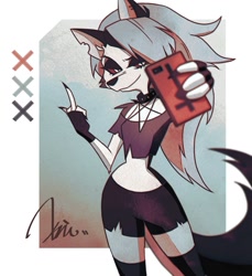 Size: 959x1047 | Tagged: safe, artist:shing821105, loona (vivzmind), canine, fictional species, hellhound, mammal, anthro, hazbin hotel, helluva boss, 2021, cell phone, clothes, ears, female, gray hair, hair, long hair, looking at you, middle finger, phone, smartphone, smiling, smiling at you, solo, solo female, tail, thighs, vulgar