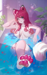 Size: 632x1000 | Tagged: safe, artist:nyattlen, oc, oc only, big cat, feline, mammal, snow leopard, anthro, 2021, breasts, commission, ear fluff, female, fluff, hair, long hair, looking at you, partially submerged, red hair, smiling, smiling at you, solo, solo female, tail, tail fluff, thighs, water