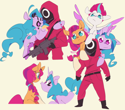 Size: 2920x2580 | Tagged: safe, artist:minbitt, izzy moonbow (mlp), sunny starscout (mlp), zipp storm (mlp), earth pony, equine, fictional species, human, mammal, pegasus, pony, feral, humanoid, hasbro, my little pony, my little pony g5, squid game, spoiler, spoiler:my little pony g5, 2021, clothes, crossover, digital art, ears, eyelashes, female, fur, high res, horn, looking at each other, looking at you, pink soldier (squid game), spread wings, suit, tail, wings