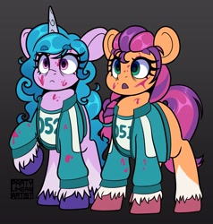 Size: 3576x3760 | Tagged: safe, artist:partylikeanartist, izzy moonbow (mlp), sunny starscout (mlp), earth pony, equine, fictional species, mammal, pony, unicorn, feral, hasbro, my little pony, my little pony g5, squid game, spoiler, spoiler:my little pony g5, 2021, clothes, digital art, duo, duo female, ears, eyelashes, fake blood, female, females only, fur, high res, horn, tail, tracksuit