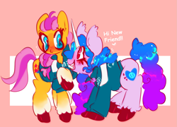 Size: 1435x1032 | Tagged: dead source, safe, artist:axollady, izzy moonbow (mlp), sunny starscout (mlp), earth pony, equine, fictional species, mammal, pony, unicorn, feral, hasbro, my little pony, my little pony g5, squid game, spoiler, spoiler:my little pony g5, clothes, digital art, duo, duo female, ears, eyelashes, female, females only, fur, horn, looking at each other, open mouth, tail, tracksuit