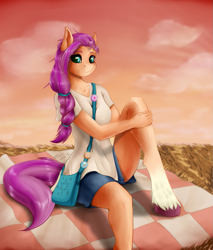 Size: 919x1080 | Tagged: safe, artist:shamziwhite, sunny starscout (mlp), earth pony, equine, fictional species, mammal, pony, anthro, unguligrade anthro, hasbro, my little pony, my little pony g5, spoiler:my little pony g5, 2021, anthrofied, clothes, eyelashes, female, hooves, looking at you, mare, picnic, shirt, sitting, sky, solo, solo female, tail, topwear, unshorn fetlocks