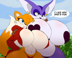 Size: 1640x1312 | Tagged: suggestive, artist:suirano, big the cat (sonic), miles "tails" prower (sonic), canine, cat, feline, fictional species, fox, kitsune, mammal, anthro, sega, sonic the hedgehog (series), 2021, anthro/anthro, breasts, clothes, duo, duo female, ears, female, female/female, females only, huge breasts, rule 63, smiling, tail, thick thighs, thighs, vixen
