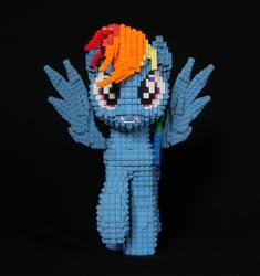 Size: 2649x2816 | Tagged: safe, artist:oilyvalves, rainbow dash (mlp), equine, fictional species, mammal, pegasus, pony, feral, friendship is magic, hasbro, lego, my little pony, 2017, black background, feathered wings, feathers, female, high res, looking at you, mare, simple background, smiling, solo, solo female, spread wings, tail, wings