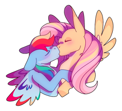Size: 1280x1167 | Tagged: safe, artist:lockandkeyhyena, fluttershy (mlp), rainbow dash (mlp), equine, fictional species, mammal, pegasus, pony, feral, friendship is magic, hasbro, my little pony, 2021, bust, colored wings, colored wingtips, eyes closed, feathered wings, feathers, female, female/female, floppy ears, flutterdash (mlp), kissing, mare, shipping, simple background, transparent background, wings
