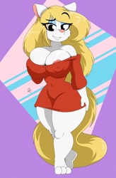 Size: 840x1280 | Tagged: suggestive, artist:nr_ac, part of a set, minerva mink (animaniacs), mammal, mink, mustelid, anthro, digitigrade anthro, animaniacs, warner brothers, 2021, areola, areola slip, bedroom eyes, big breasts, breasts, clothes, commission, digital art, ears, eyelashes, female, fur, hair, looking at you, nipple outline, nipple slip, open mouth, pink nose, simple background, solo, solo female, tail, thighs, wardrobe malfunction, wide hips