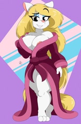 Size: 840x1280 | Tagged: suggestive, alternate version, artist:nr_ac, part of a set, minerva mink (animaniacs), mammal, mink, mustelid, anthro, digitigrade anthro, animaniacs, warner brothers, 2021, areola, areola slip, bedroom eyes, big breasts, breasts, clothes, commission, digital art, ears, eyelashes, female, fur, hair, looking at you, nipple outline, nipple slip, open mouth, pink nose, rope, simple background, solo, solo female, tail, thighs, wardrobe malfunction, wide hips