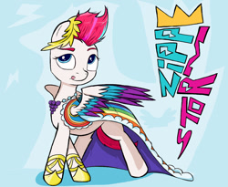 Size: 1280x1048 | Tagged: safe, artist:sallycars, zipp storm (mlp), equine, fictional species, mammal, pegasus, pony, feral, friendship is magic, hasbro, my little pony, my little pony g5, my little pony: a new generation, spoiler, spoiler:my little pony g5, 2021, blue background, clothes, colored wings, colored wingtips, dress, feathered wings, feathers, female, g5 to g4, gala dress, mare, ms paint, simple background, solo, solo female, tail, tongue, tongue out, wings