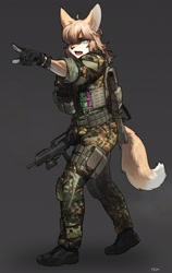 Size: 1734x2743 | Tagged: safe, artist:pgm300, oc, oc only, canine, fox, mammal, anthro, 2021, assault rifle, boots, bulletproof vest, camouflage, clothes, dipstick tail, female, german flag, germany, gloves, gun, open mouth, pointing, rifle, shoes, solo, solo female, tactical vest, tail, uniform, vixen, weapon