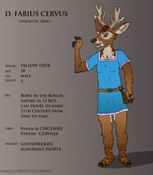 Size: 1122x1280 | Tagged: safe, artist:fabiuscervus, oc, oc only, oc:fabius cervus, cervid, deer, fallow deer, mammal, anthro, unguligrade anthro, 2020, ancient rome, ankh, antlers, belt, brown body, brown fur, brown hair, clothes, cloven hooves, cream body, cream fur, digital art, ear fluff, ears, fluff, fur, green eyes, hair, hooves, jewelry, looking at you, male, money bag, necklace, open mouth, reference sheet, solo, solo male, standing, text