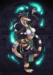 Size: 868x1228 | Tagged: safe, artist:ultraviolet, cobra, reptile, snake, anthro, 2017, ancient egypt, claws, clothes, dancing, digital art, egyptian, female, fire, jewelry, loincloth, looking at you, magic, piercing, priestess, purple eyes, ring, ritual, scales, signature, solo, solo female, tail, tongue, topwear