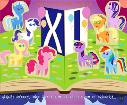Size: 1870x1551 | Tagged: safe, artist:wheatley r.h., applejack (mlp), fluttershy (mlp), pinkie pie (mlp), rainbow dash (mlp), rarity (mlp), spike (mlp), starlight glimmer (mlp), sunny starscout (mlp), trixie (mlp), twilight sparkle (mlp), alicorn, dragon, earth pony, equine, fictional species, mammal, pegasus, pony, unicorn, western dragon, feral, semi-anthro, friendship is magic, hasbro, my little pony, my little pony g5, my little pony: a new generation, spoiler:my little pony g5, anniversary, argyle starshine (mlp), book, female, happy birthday mlp:fim, mane seven (mlp), mane six (mlp), mare, mlp fim's eleventh anniversary, pointy ponies, story, vector, watermark, winged spike (mlp), wings