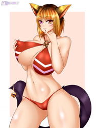 Size: 960x1280 | Tagged: suggestive, artist:mleonheart, animal humanoid, cat, feline, fictional species, mammal, miqo'te, humanoid, final fantasy, final fantasy xiv, square enix, 2015, belly button, big breasts, bikini, breasts, cameltoe, clothes, digital art, ears, female, hair, nipple outline, nipple pinch, skin, solo, solo female, swimsuit, tail, thighs, wide hips