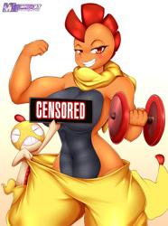 Size: 980x1319 | Tagged: suggestive, artist:mleonheart, fictional species, lizard, reptile, scrafty, scraggy, anthro, nintendo, pokémon, 2015, belly button, bottomwear, breasts, censor bar, censored, clothes, digital art, dumbbells, duo, ears, eyes closed, female, flexing, hair, holding, looking at you, male, mother, mother and child, mother and son, nsfworkout, pants, partial nudity, scarf, simple background, smiling, smiling at you, son, tail, thighs, topless, wide hips