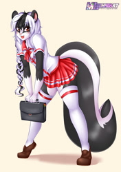Size: 830x1182 | Tagged: safe, artist:mleonheart, oc, oc only, oc:scynt, mammal, skunk, anthro, 2015, bag, bent over, bottomwear, clothes, commission, crossdressing, digital art, ears, femboy, fur, hair, legwear, looking at you, male, open mouth, pink nose, school uniform, shirt, shoes, simple background, skirt, solo, solo male, stockings, tail, thighs, tongue, topwear