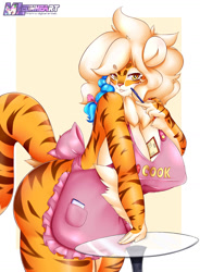 Size: 950x1289 | Tagged: suggestive, artist:mleonheart, big cat, feline, mammal, tiger, anthro, 2015, apron, belly button, big breasts, blushing, breasts, buxbi (character), clothes, digital art, ears, female, fluff, fur, hair, hand on hip, looking at you, naked apron, neck fluff, nipple outline, nudity, partial nudity, pink nose, pose, simple background, striped body, striped fur, table, tail, thighs, wide hips