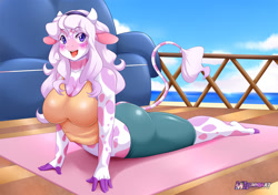 Size: 1200x847 | Tagged: safe, artist:mleonheart, oc, oc only, bovid, cattle, cow, mammal, anthro, plantigrade anthro, 2015, big breasts, blushing, bottomwear, breasts, butt, clothes, digital art, ears, female, fur, hair, horn, looking at you, open mouth, shirt, shorts, tail, thighs, tongue, topwear, wide hips, yoga