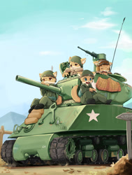 Size: 1024x1355 | Tagged: safe, artist:luckypupa, canine, fox, mammal, anthro, 2019, description in the comments, korean war, m4 sherman, north korea, tank, vehicle