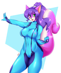 Size: 980x1174 | Tagged: safe, artist:mleonheart, oc, oc only, canine, fox, mammal, anthro, metroid (series), nintendo, 2015, black nose, blushing, breasts, clothes, commission, digital art, ears, female, fur, hair, looking at you, solo, solo female, suit, tail, thighs, vixen, wide hips