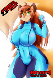Size: 850x1242 | Tagged: safe, artist:mleonheart, oc, oc only, canine, fox, mammal, anthro, metroid (series), nintendo, 2014, big breasts, black nose, blushing, breasts, clothes, commission, digital art, ears, female, fur, hair, looking at you, solo, solo female, suit, tail, thighs, vixen, wide hips