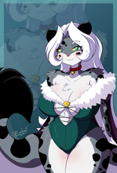 Size: 600x887 | Tagged: safe, artist:mleonheart, tila sunrise (las lindas), big cat, feline, mammal, snow leopard, anthro, las lindas, 2014, black nose, blushing, breasts, clothes, digital art, ears, female, fur, hair, looking at you, solo, solo female, spotted body, spotted fur, suit, tail, thighs, wide hips