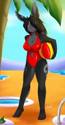 Size: 664x1280 | Tagged: safe, artist:mleonheart, angel loveridge (las lindas), lagomorph, mammal, rabbit, anthro, plantigrade anthro, las lindas, 2014, ball, beach ball, black nose, blushing, breasts, clothes, digital art, ears, female, fur, hair, looking at you, one-piece swimsuit, solo, solo female, swimsuit, tail, thighs, wide hips