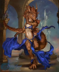 Size: 810x1000 | Tagged: safe, artist:sixthleafclover, dragon, fictional species, western dragon, anthro, belly dancer outfit, dancing, female, horns, solo, solo female, tail